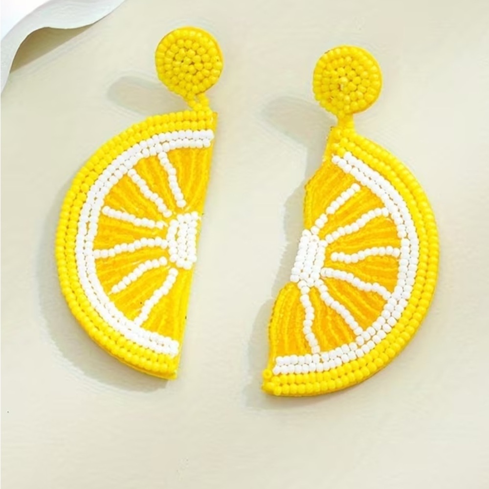 Beaded Lemon Slice Statement Earrings - Yellow & White